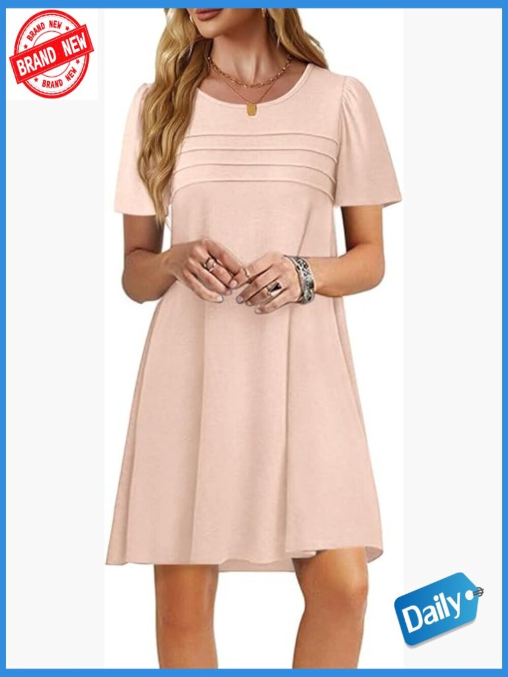 Women's Summer Casual T-Shirt Dress Short Sleeve Crewneck Pleated Front Loose